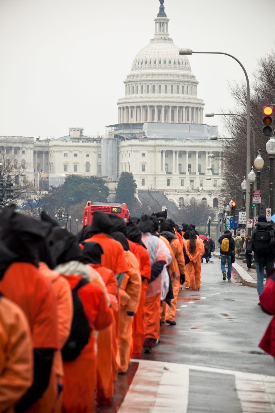 Amnesty International USA activists, marching toward the US Capitol, protest the 10th anniversary of the Guantanamo Bay detention centre, Washington DC, USA, 11 January 2012.