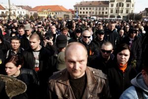 Approximately 500 far-right demonstrators marched through the town chanting anti-Roma slogans during a rally organized by the far-right Workers’ Social Justice Party. 12 March 2011, Nový Bydžov, Czech Republic