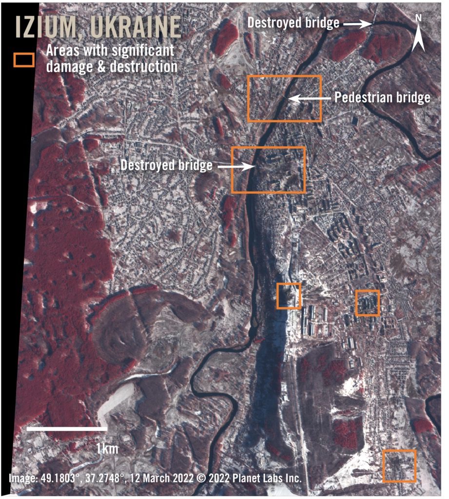 Izium po bombardowaniu, zdjęcie satelitarne