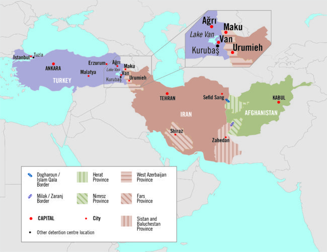 Mapa Turcji, Iranu i Afganistanu.